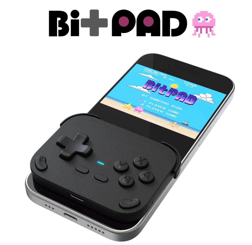 超薄型ゲームパッド「BitPAD」がスマートフォンに装着されたイメージ。レトロな操作感を強調。